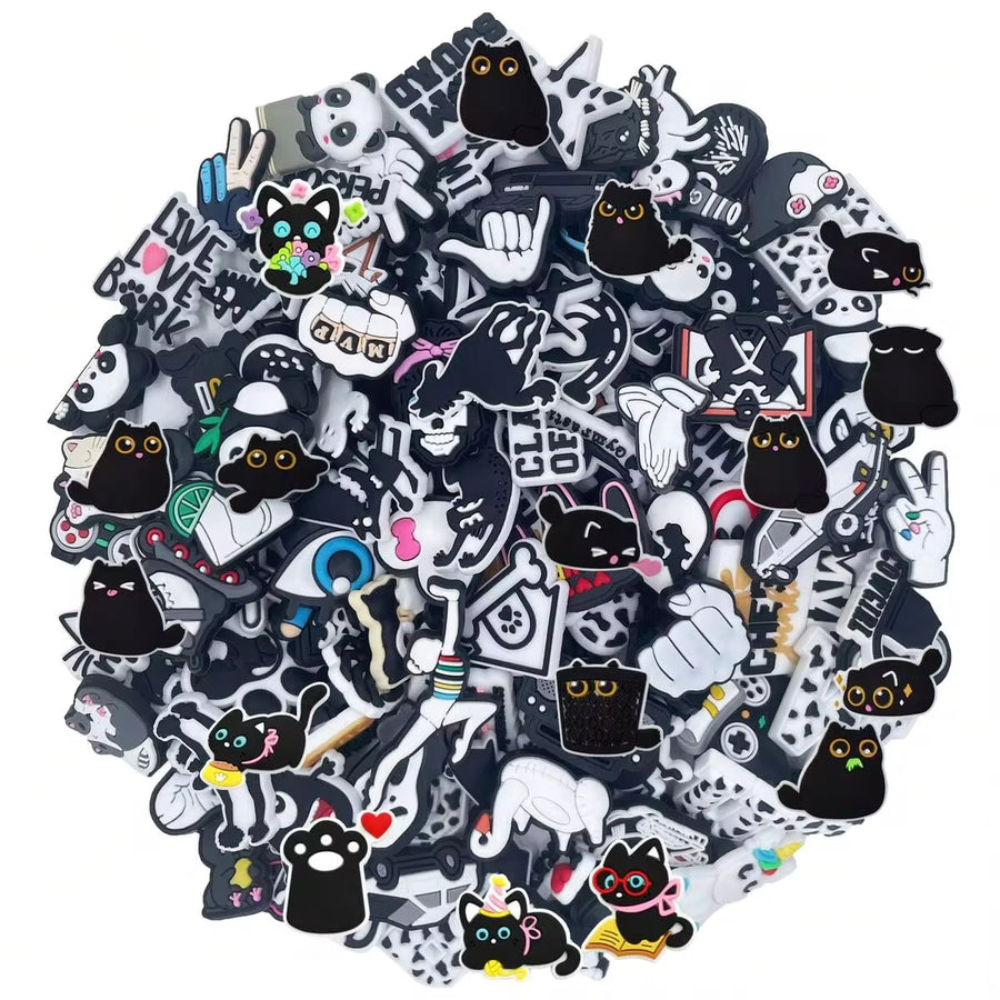 Random 10/30/50Pcs Black And White Series Series Shoe Charms For Clogs Bubble Slides Sandals, PVC Shoe Decorations Accessories Shoe Pins Great Gift